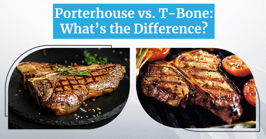 Two side-by-side images of cooked steaks: a porterhouse on the left with rosemary garnish, and a T-bone on the right next to grilled tomatoes, with text reading 'Porterhouse vs. T-Bone: What's the Difference?'