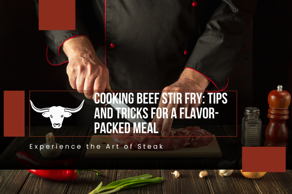 A chef prepares beef stir fry with fresh ingredients, accompanied by the text "Cooking Beef Stir Fry: Tips and Tricks for a Flavor-Packed Meal" and a cow logo.