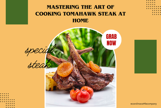 A plated tomahawk steak with grilled vegetables, apricots, and cherry tomatoes, alongside text promoting cooking tomahawk steak at home