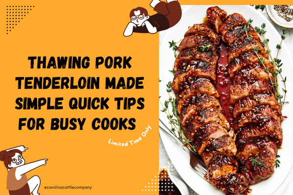 Sliced pork tenderloin with sauce and text: "Thawing Pork Tenderloin Made Simple.