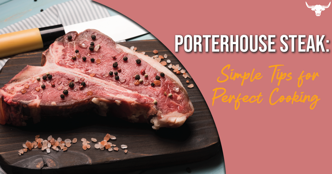 Raw porterhouse steak seasoned with coarse salt and peppercorns on a dark wooden cutting board, with a knife in the background. Text overlay reads "Porterhouse Steak: Simple Tips for Perfect Cooking.